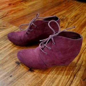 Girls Maroon Suede Wedge Booties